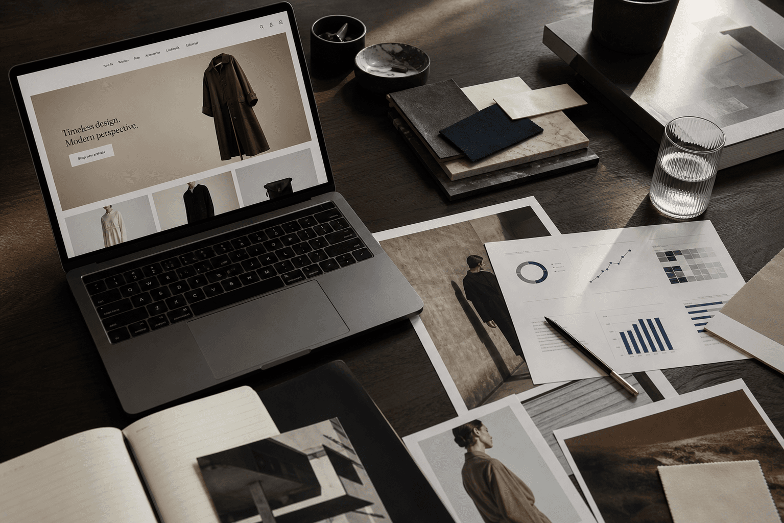 Premium ecommerce campaign and growth materials arranged on a studio desk
